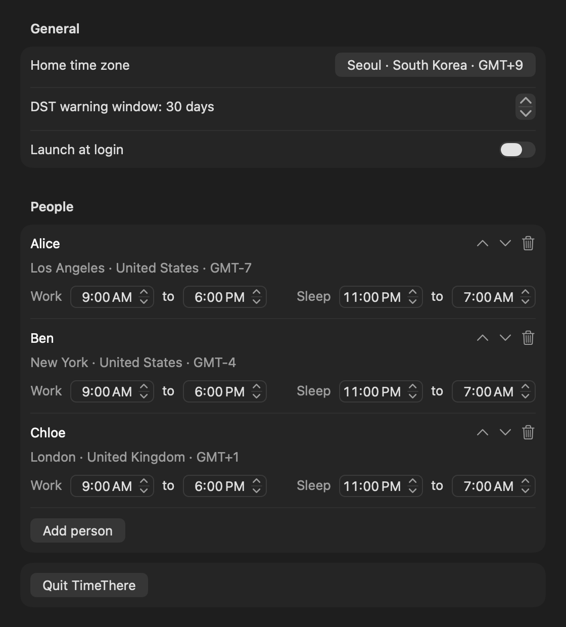 Settings: teams, working hours, DST window and launch at login.
